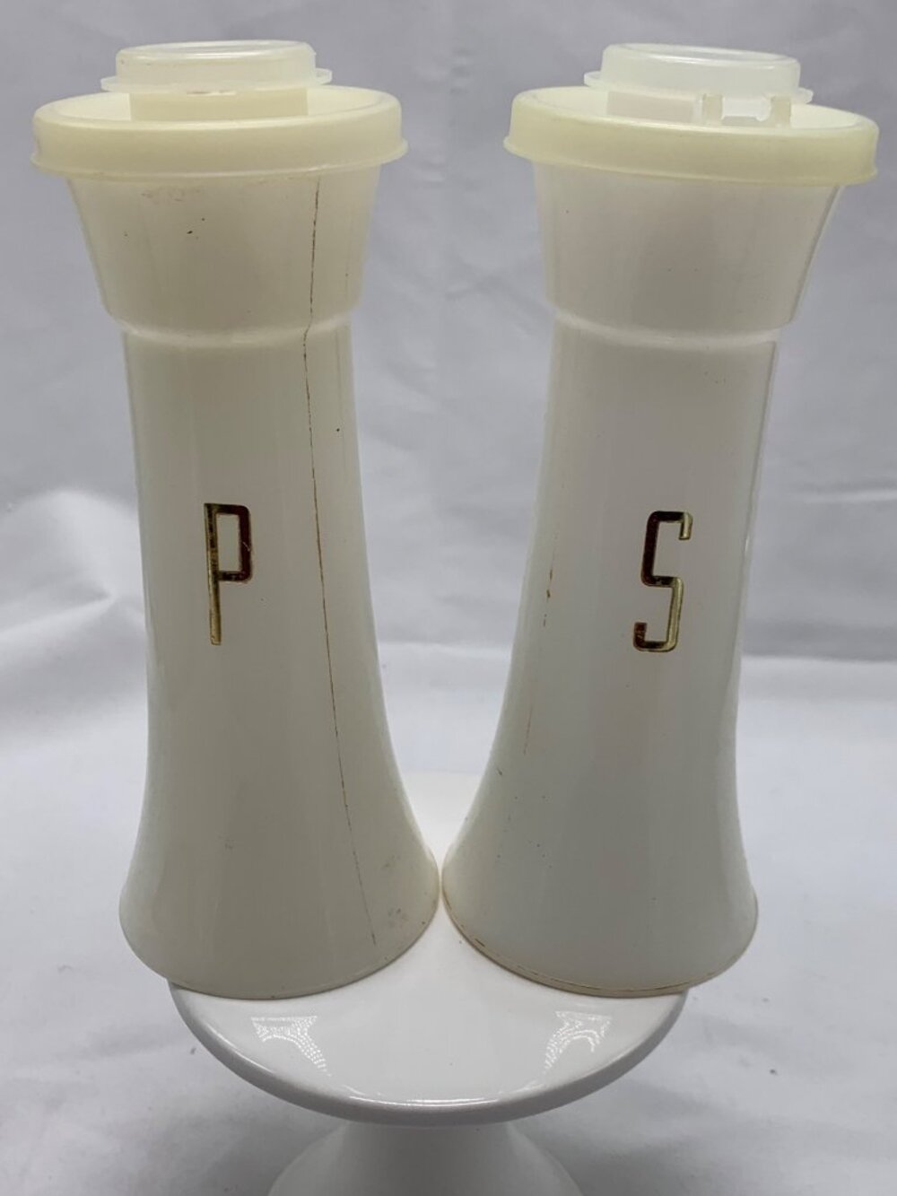 Vintage Tupperware Salt & Pepper Shakers White Plastic Gold Lettering 1960s